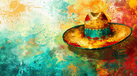A colorful Mexican hat painting set against a vivid backdrop.の素材