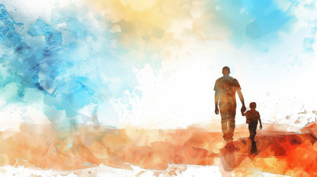 Silhouette of man and child walking on vibrant background.の素材