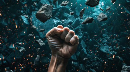 A mans powerful fist raised in defiance against a rocky backdrop.の素材