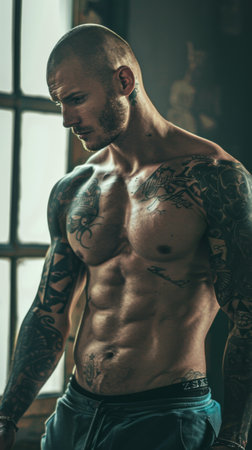 A muscular, tattooed man gazes out a window.の素材