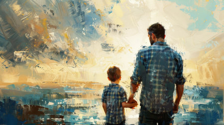 A father and son holding hands in a heartwarming embrace.の素材