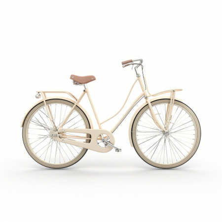 Beige bicycle standing gracefully on a white backdrop.の素材