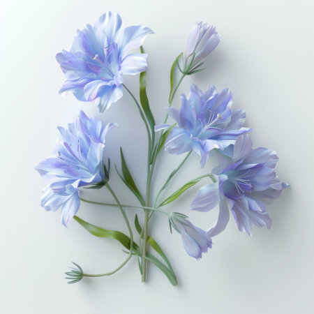 A bunch of blue flowers arranged on a white surface.の素材