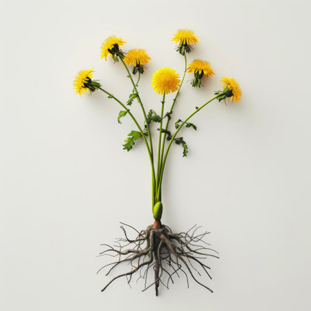 Dandelion plant with visible roots isolated on a white backdrop.の素材