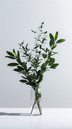 A minimalist vase holds a lush green plant on a white table.の素材
