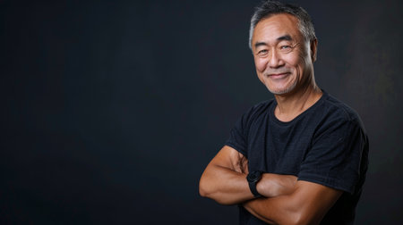 A man in a black shirt strikes a pose for a portrait.の素材