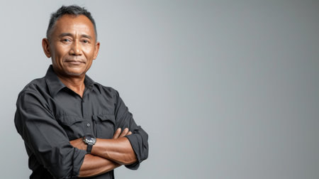 A man confidently stands with his arms crossed, exuding strength and determination.の素材