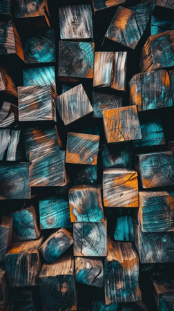 A mesmerizing assortment of blue and brown wood creating a striking visual display.の素材