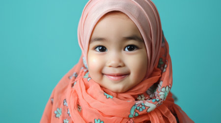 Young Indonesian girl happily smiles, adorned in pink hijab.の素材