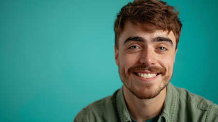 A white Caucasian male with a beard smiles brightly at the camera in a bright studio setting.の素材