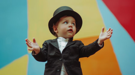 Little boy wearing a hat and a black jacket, pretending to be a magician.の素材