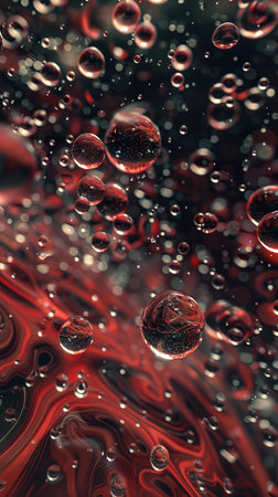 Close up of water droplets on a red and black surface.の素材