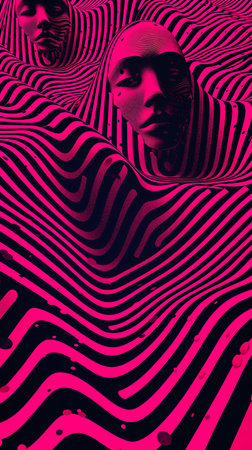 A pink poster featuring a womans face surrounded by a mesmerizing wavy pattern.の素材