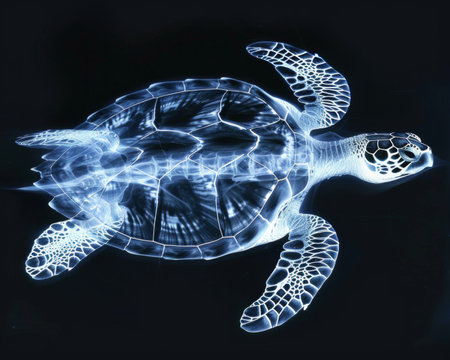 A luminescent turtle gracefully swims through the water in a mesmerizing display.の素材