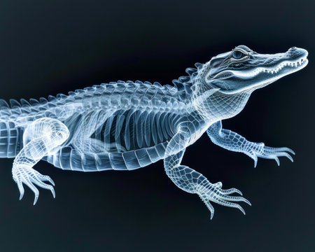 Three-dimensional lizard resembling an alligator emerges from darkness in a mystical X-ray style.の素材