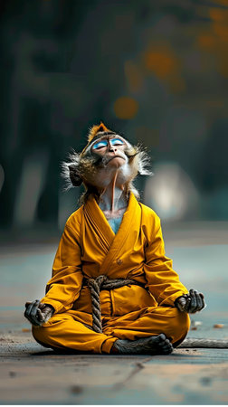 A monkey in a bright yellow outfit sits gracefully on the ground.の素材