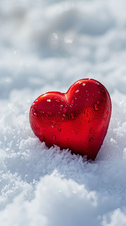 Red heart symbol resting peacefully in a blanket of snow.の素材