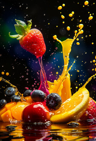 Oranges and strawberries make a colorful splash in crystal clear water.の素材