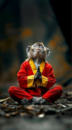 A monkey dressed in red and yellow clothing sits gracefully on the ground.の素材