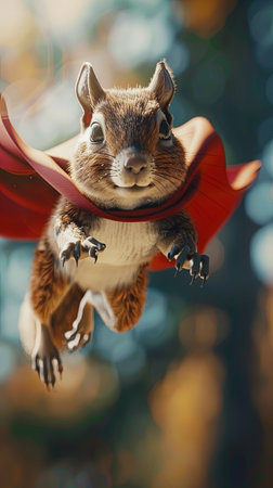 A squirrel soars through the sky in a red capeの素材