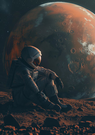 Astronaut seated beside red planet in unknown world.の素材