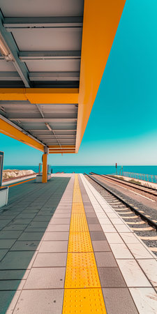 A bustling train station as a locomotive departs for its journey at sunset.の素材