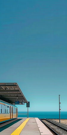 A vibrant yellow and blue train pulls into a bustling train station under a bright sun.の素材