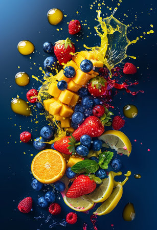 A colorful array of assorted fruit floating in mid-air.の素材