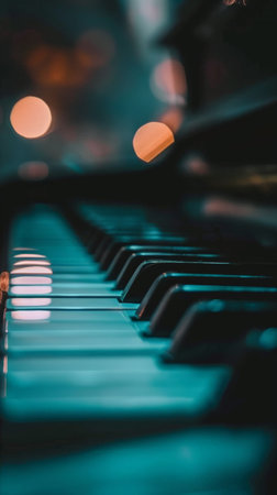 Close up of piano keys with blurred lights in the background.の素材