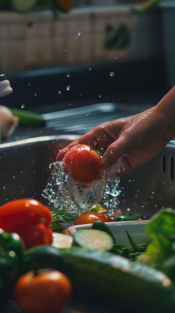 A person cleans fresh vegetables in a kitchen sink.の素材