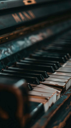 Detailed view of a piano keys with blurred surroundings.の素材