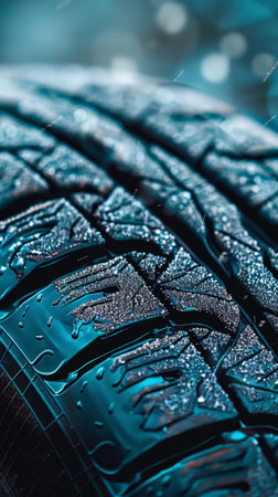 Close-up view of tire covered with water droplets.の素材