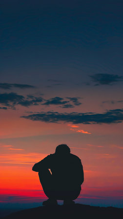 A person sitting on top of a hill, overlooking the sunset.の素材