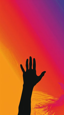 Outline of hand reaching up toward sky in silhouette.の素材