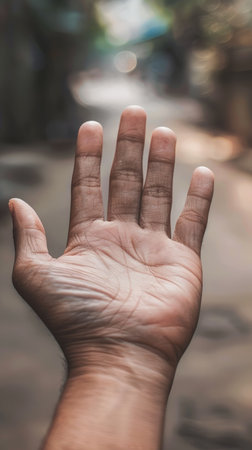 Close-up of a persons hand against a blurred backdrop.の素材