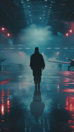 A man standing in front of a stationary airplane on a runway.の素材