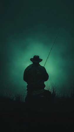 Silhouette of a man holding a fishing pole against the sky.の素材