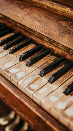 Detailed view of the keys on an aged piano, showing signs of wear and tear.の素材
