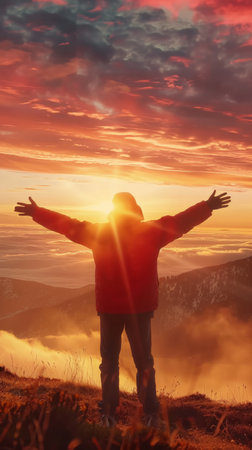 A man standing triumphantly on a hill, arms out to the sides.の素材