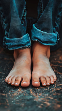 A person standing barefoot on a floor.の素材