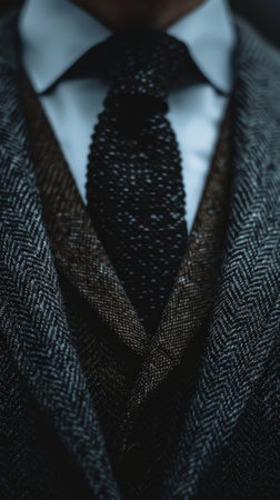 A detailed view of a person dressed in a formal suit and tie.の素材
