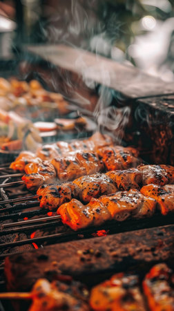 Various food items sizzling on a hot grill outdoors.の素材