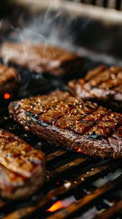 Steaks cooking on a grill with smoke rising from them.の素材