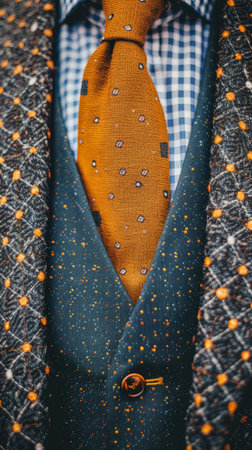 A detailed view of a person wearing a formal suit and tie.の素材