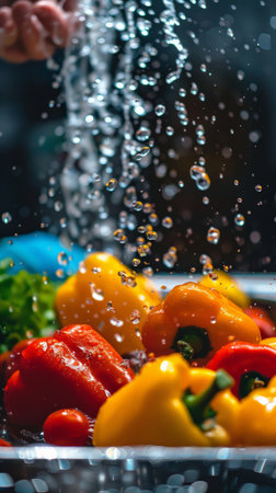 A person sprinkles water onto a variety of fresh vegetables in a bowl.の素材