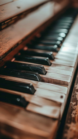Detailed view of worn keys on an antique piano.の素材