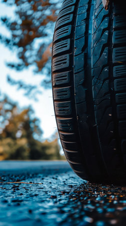 Detailed view of a tire resting on the ground.の素材