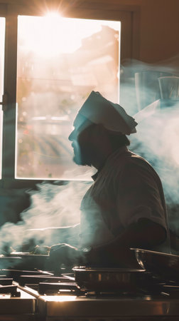 A person cooking food in a kitchen filled with billowing smoke.の素材