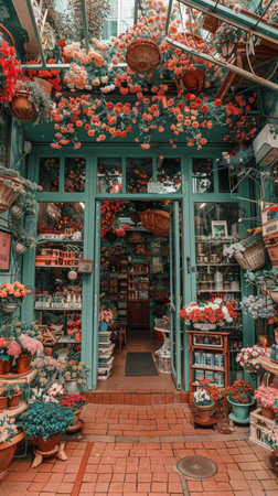 A flower shop filled with dangling flowers from the ceiling.の素材