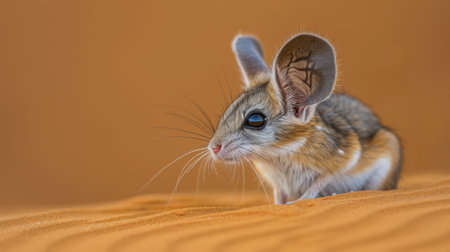 A small desert jerboa pauses in the golden sand dunes, its large ears perked up.の素材